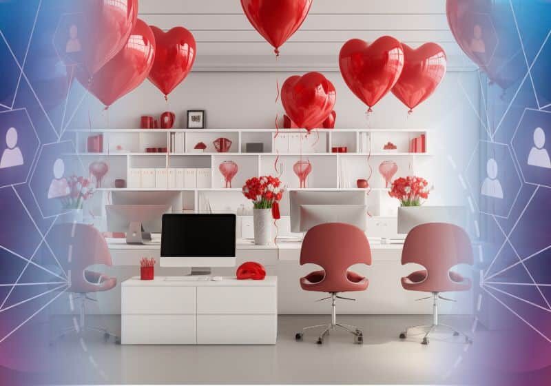 office setting with red heart shaped balloons
