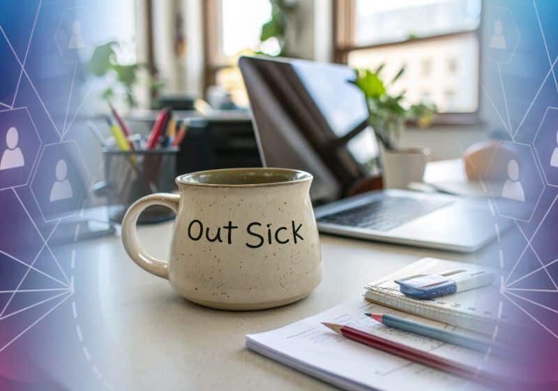 vectored sickness absence image A desk with a coffee mug labelled ‘Out Sick’, set beside an open laptop, papers and pens—symbolising a workspace disrupted by employee sickness absence